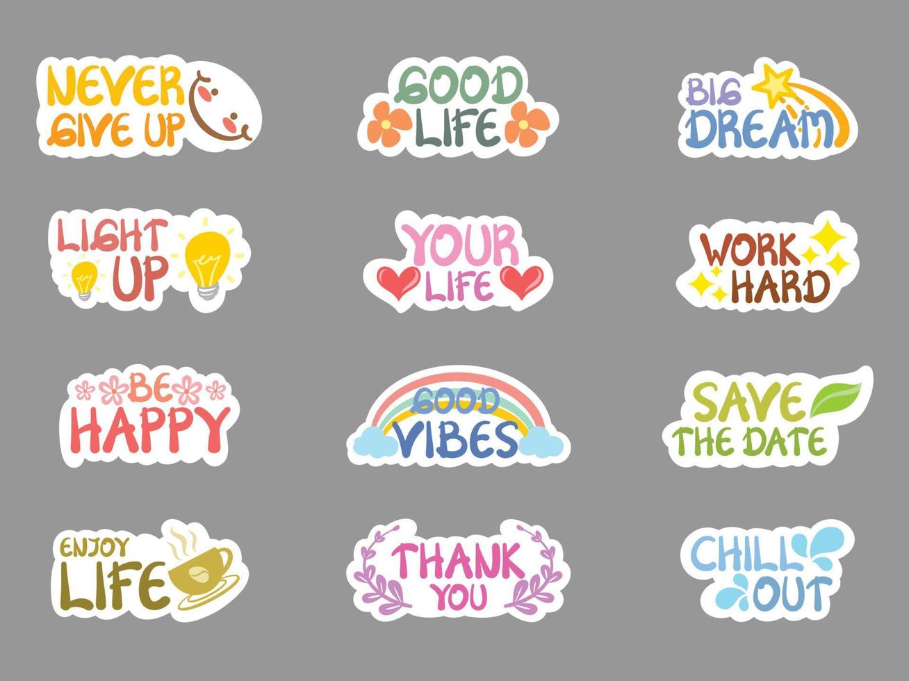 set collectie schattig positief citaat. stickerstijl en illustratie. vector