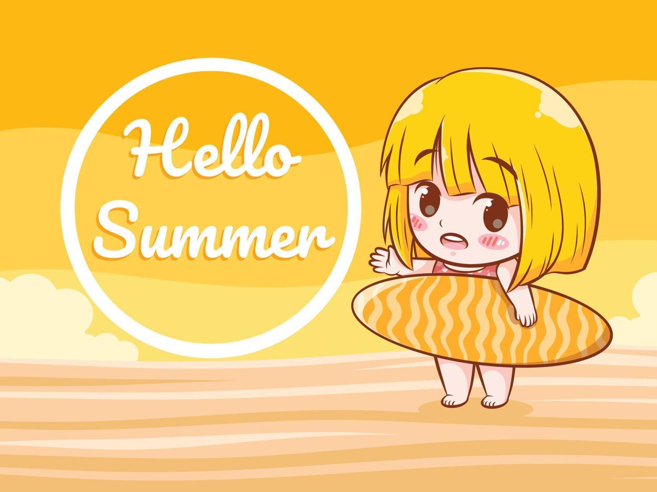 een schattig meisje zegt hallo zomer. zomer groet concept illustratie. vector