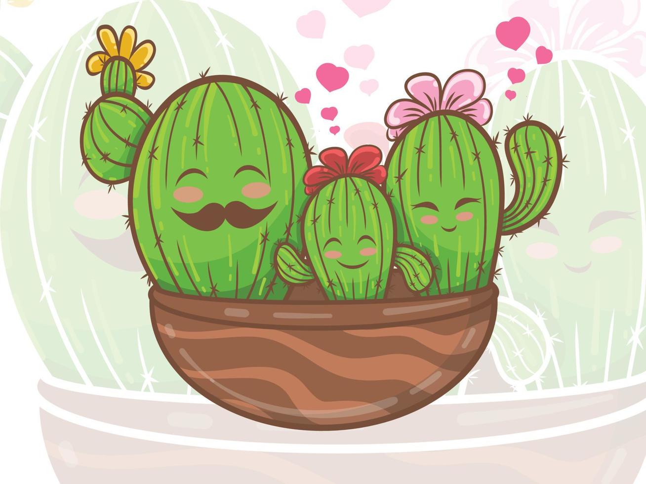 schattige cactus familie stripfiguur en illustratie. vector