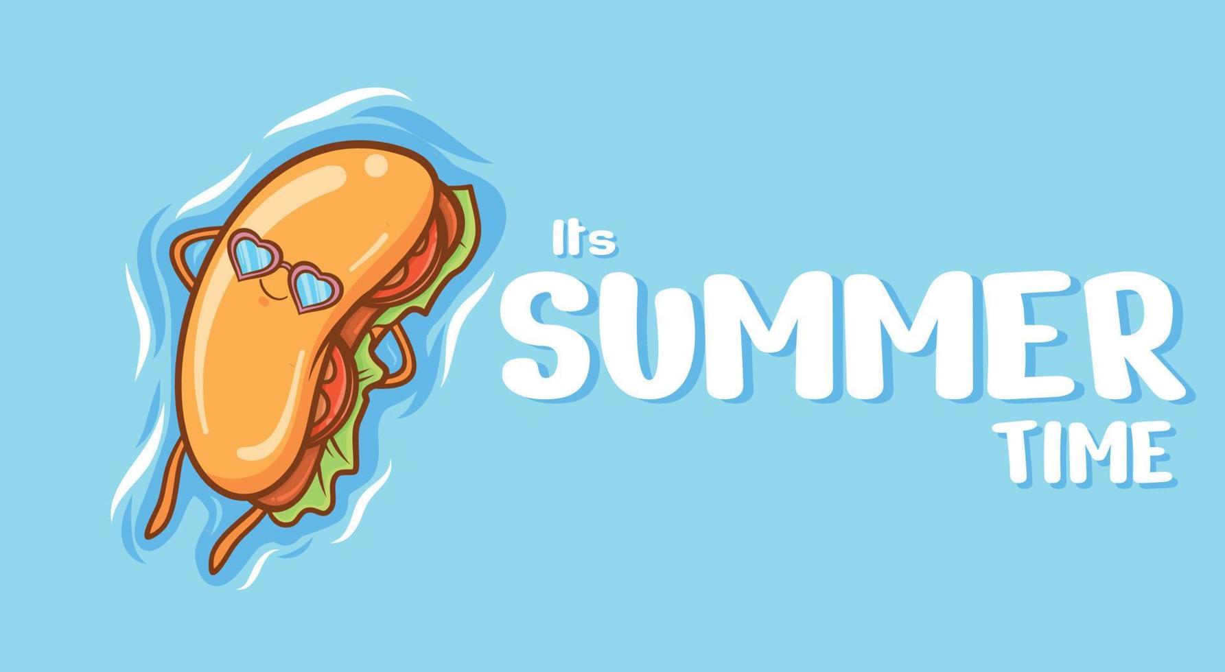 schattige hotdog drijvend ontspannen met een zomergroetbanner vector