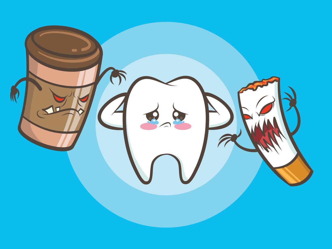 koffiekopmonsters en sigarettenzombies doden een schattige, gezonde tand. vector