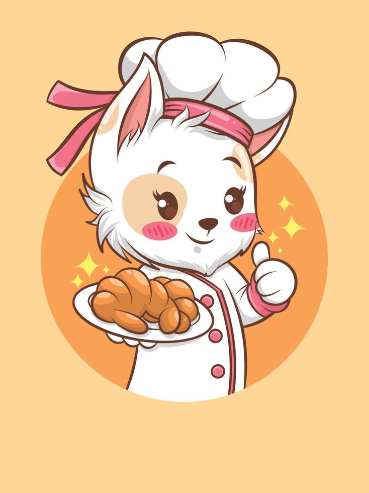 de leuke chef-kok van het kattenmeisje die een brood houdt. bakkerij chef-kok concept. stripfiguur en mascotte vector