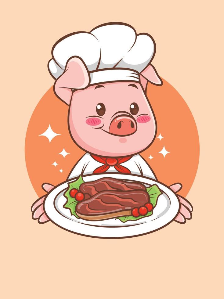 schattige varkenschef-kok die een geroosterd varkensvleeslapje vlees voorstelt. stripfiguur en mascotte illustratie. vector