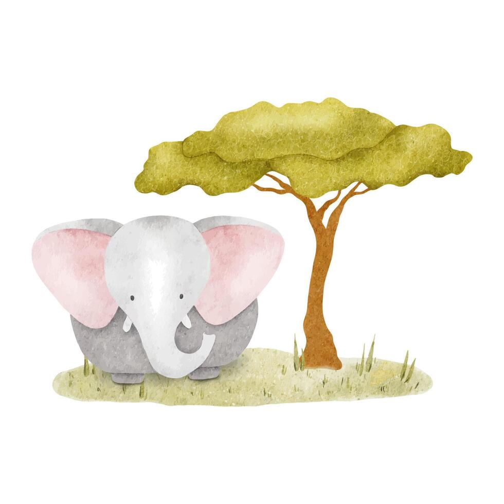 schattig baby olifant Aan weide. Afrikaanse dier en zuidelijk boom. geïsoleerd hand- getrokken waterverf illustratie. kinderen safari voor baby douche, kaarten, affiches, kinderen goederen en kamers vector