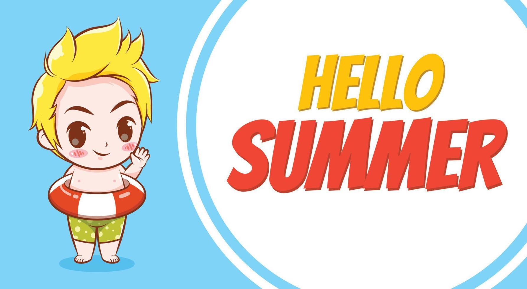 schattige jongen met een zomerse groetbanner. vector