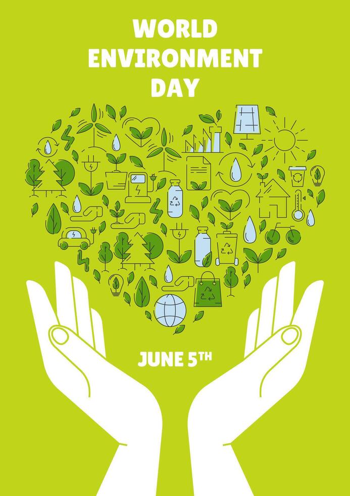 wereld milieu dag poster, eco vriendelijk hart met ecologisch pictogrammen in een handen. ecologie concept, recycling duurzaamheid, hernieuwbaar energie, netto nul uitstoot door 2050. voor folder, banier, omslag. vector