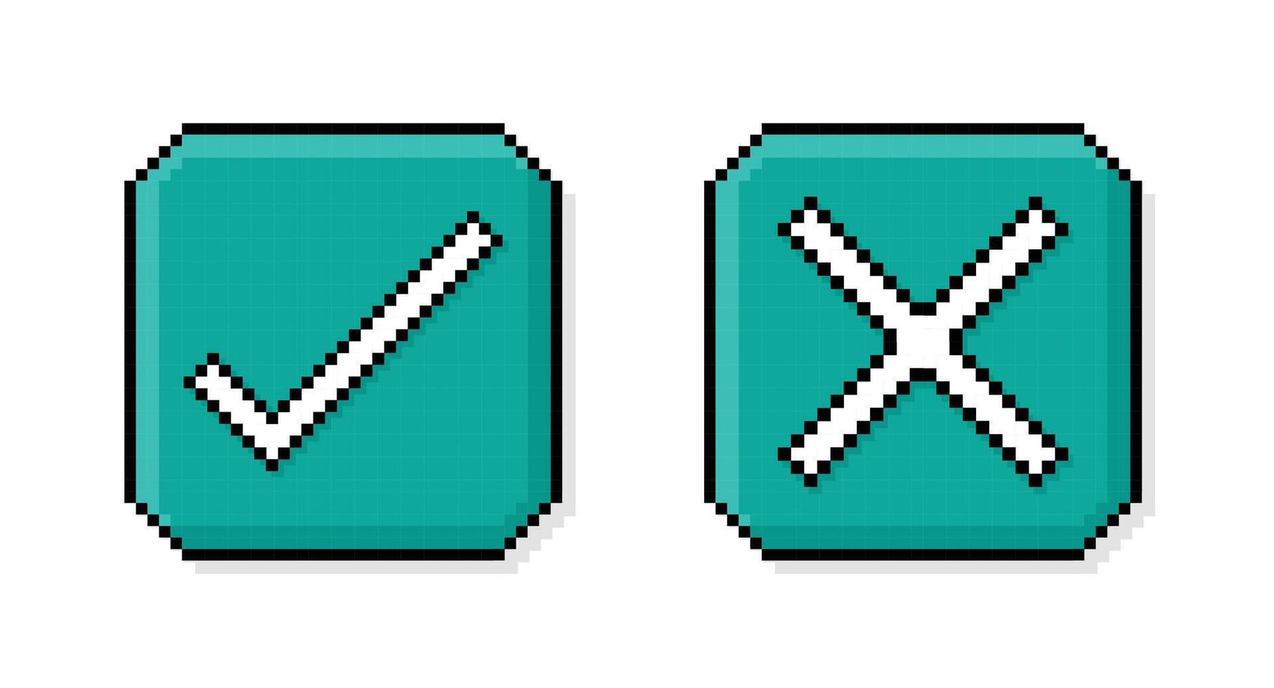 pixel kunst, 90s stemming, 8 bit retro stijl controleren Mark en kruis markering, reeks van Kruis aan en kruis pictogrammen of symbolen Aan korrelig stijl illustratie vector