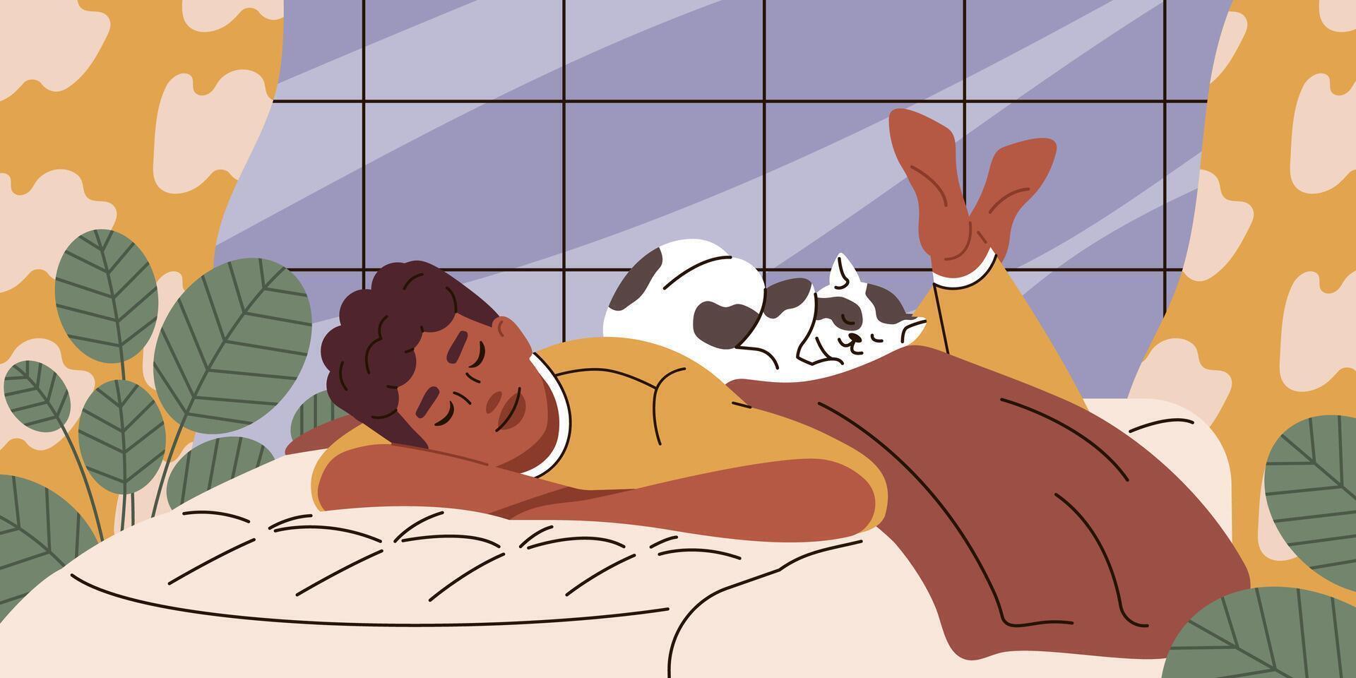 Mens slaapt met kat samen. levensstijl van kat baasje, huisdier therapie, dieren voor emotioneel steun. vlak illustratie. vector