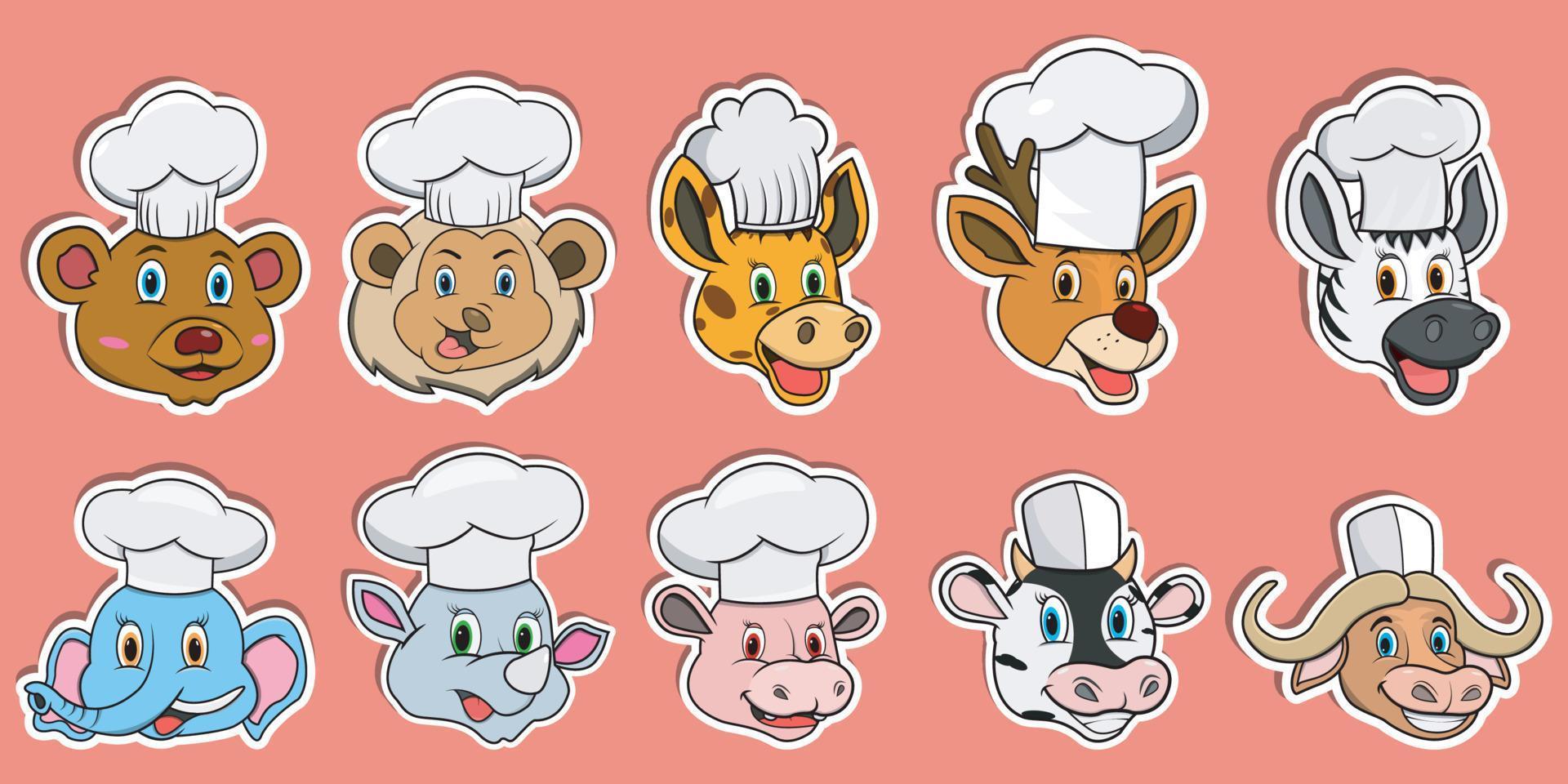 hoofd dieren sticker set. voor logo, sticker en chef-kokthema vector