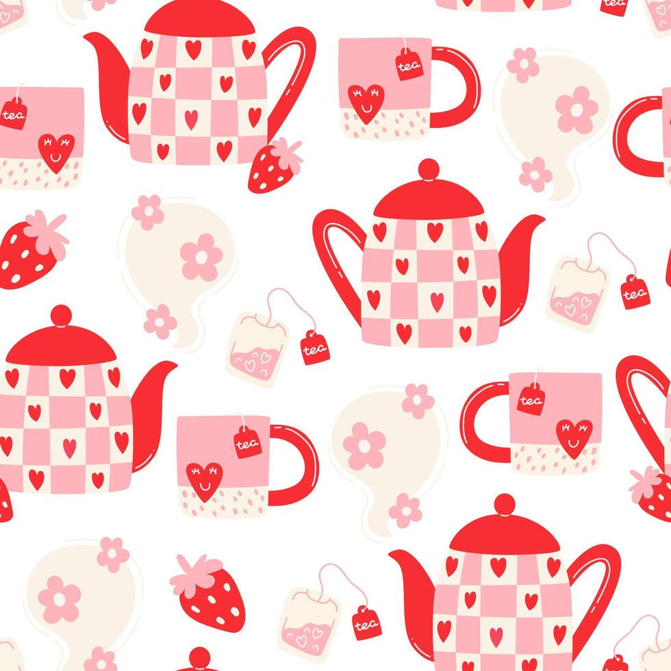 naadloos patroon met een helder theepot en kop reeks met aardbei-bloem heet thee vector