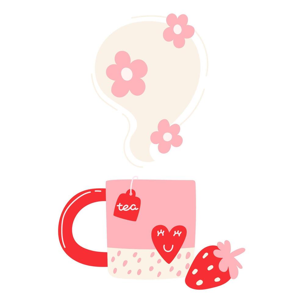 een helder kop reeks met aardbei-bloem heet thee vector