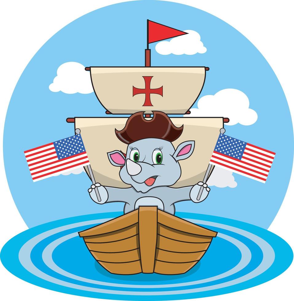 happy columbus day amerika met schattige neushoorn en schip in zee vector