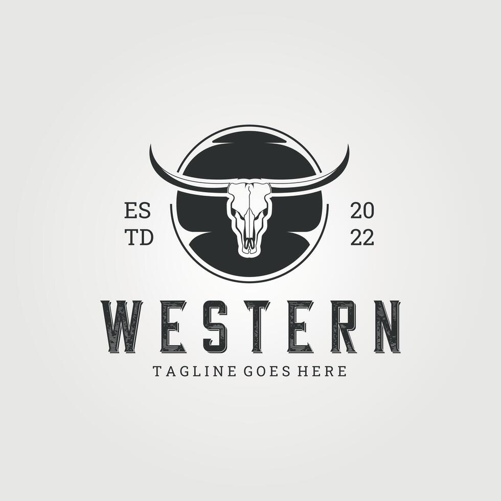 schedel van buffel hoofd logo embleem wijnoogst illustratie sjabloon icoon grafisch ontwerp, Longhorn boerderij teken of symbool voor vee met retro insigne vector