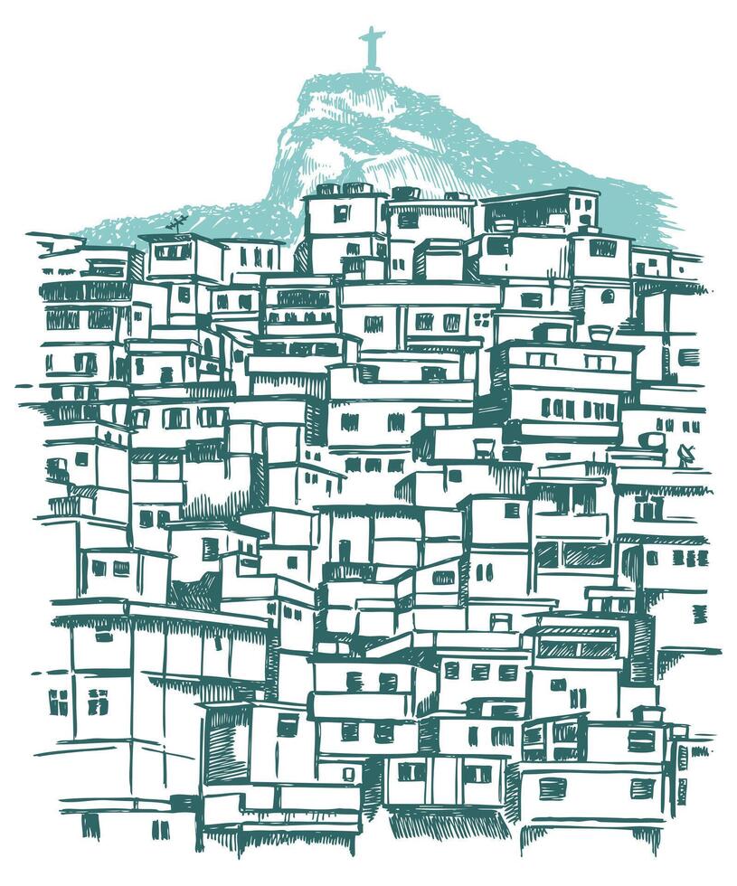 illustratie van favela in Rio de janeiro, Brazilië, met de corcovado heuvel in de achtergrond en gekleurde strepen met textuur. stroom periode kunst. vector