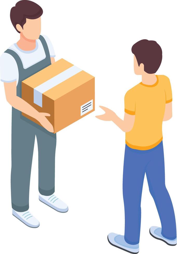 een pakket levering jongen met een Mens ontvangen zijn pakket vector