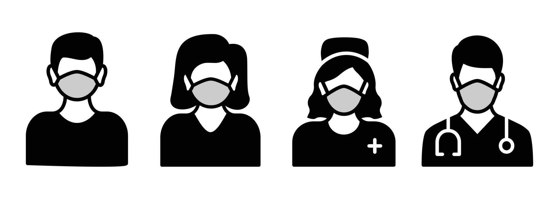 Mens en vrouw in medisch gezicht bescherming masker icoon. bescherming van ziekte of vervuiling, gezondheidszorg en hygiëne concept, illustratie vlak. vector