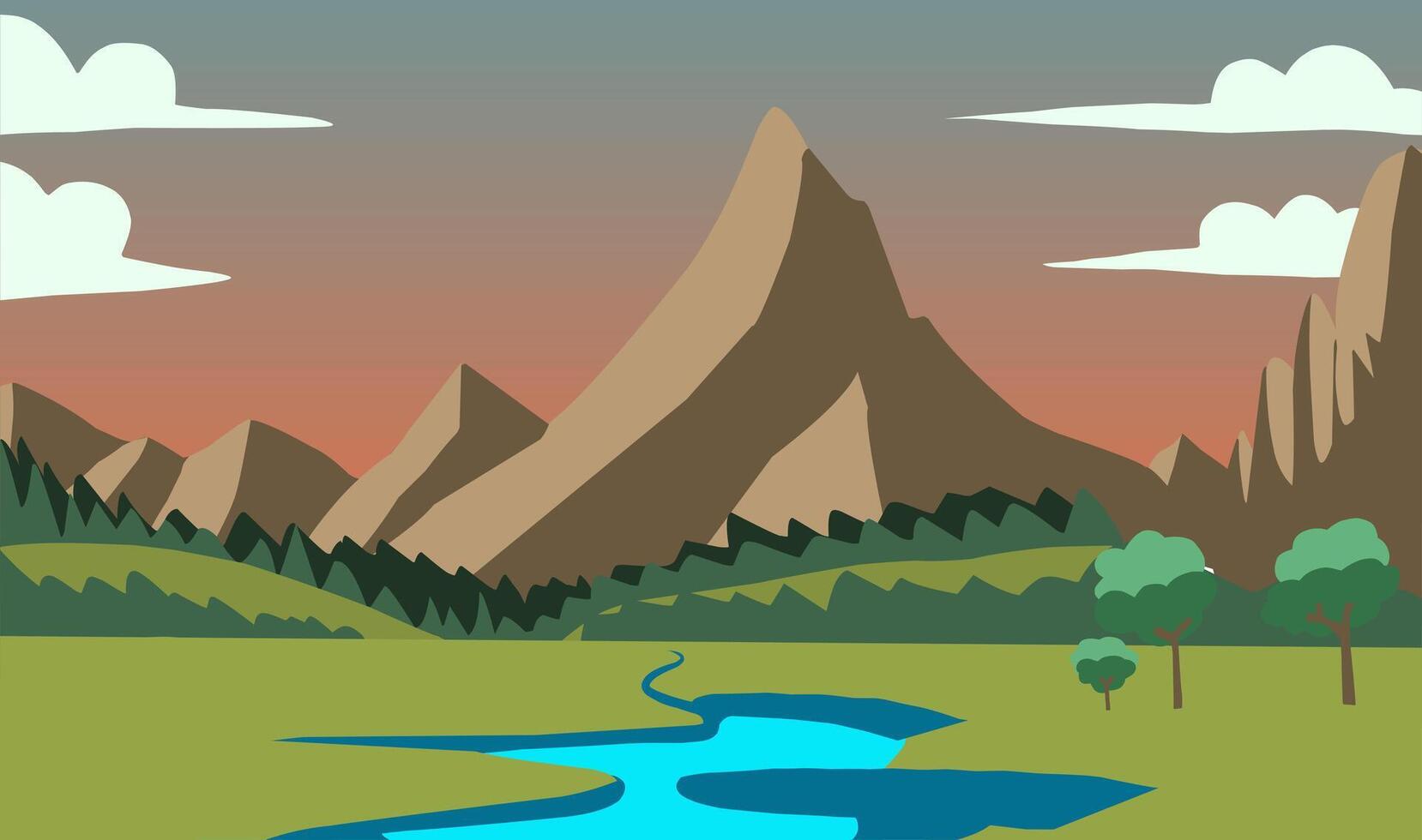 een rivier, een Woud en bergen landschap achtergrond illustratie vector