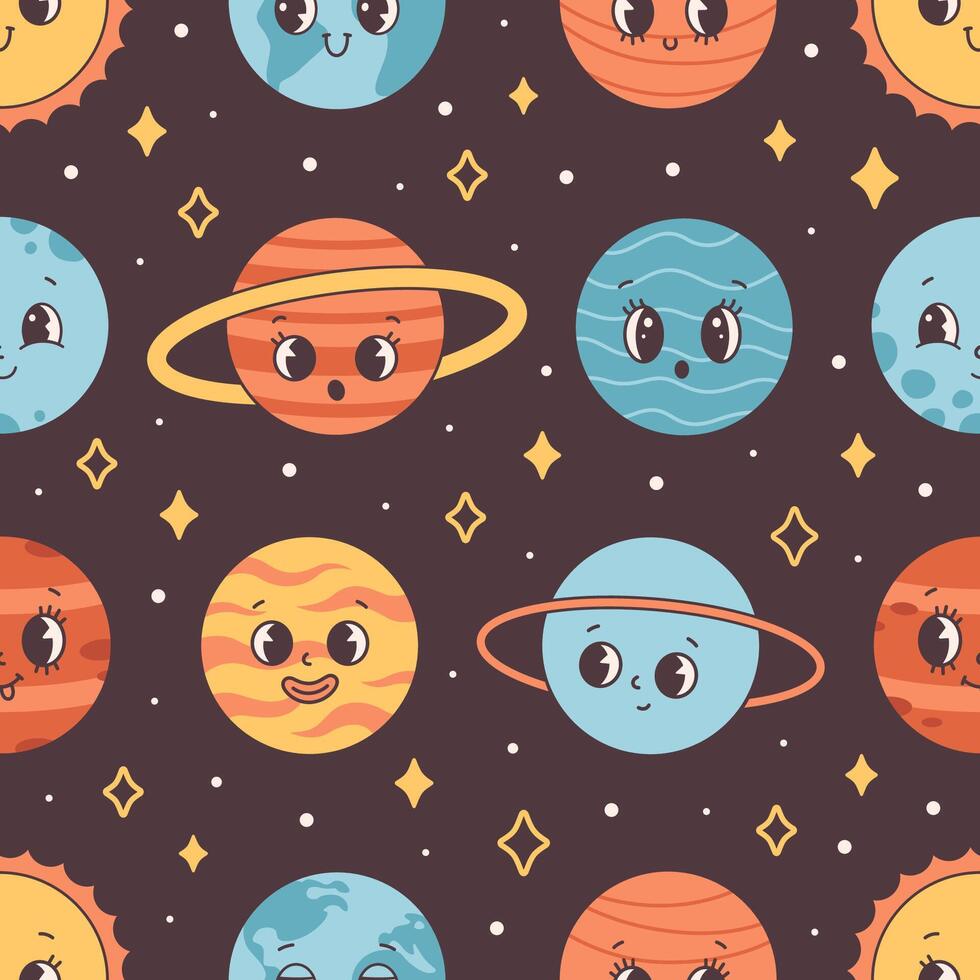 naadloos patroon met zonne- systeem en ruimte. modieus groovy tekenfilm planeet karakters. vector