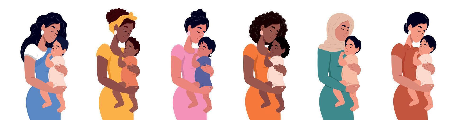 een reeks van verschillend Dames met een pasgeboren baby. Afrikaanse Amerikaans, moslim, inheems Amerikaans, Afrikaanse, Chinese, aziatisch. jong mooi multi-etnisch Dames van verschillend nationaliteiten. vector