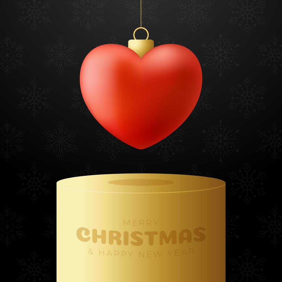 kerst liefde hart kaart podium. vrolijk kerstfeest mooie wenskaart. hang op een draad rood hart als een kerstbal en snuisterij op horizontale achtergrond. romantische vectorillustratie. vector