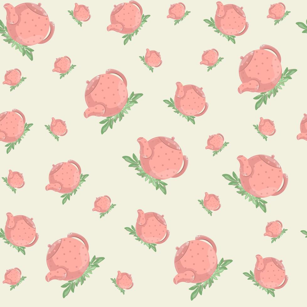 naadloos patroon met roze theepotten en bladeren Aan licht gekleurd achtergrond. tekenfilm servies. thee feest. illustratie. vector