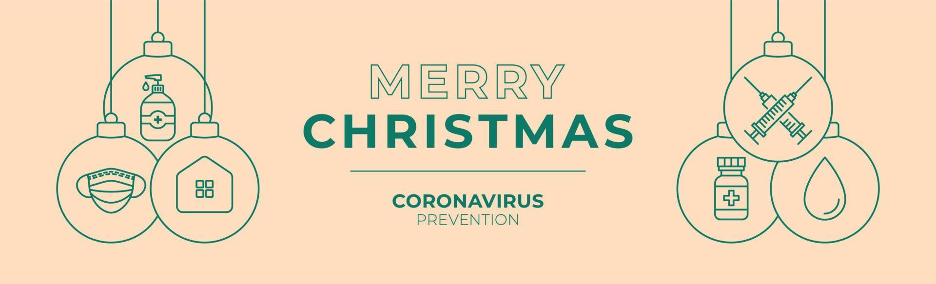 kerst coronavirus vaccin preventie bal banner. kerst of nieuwjaar concept preventie covid-19 ziekte, platte cartoon bal vector