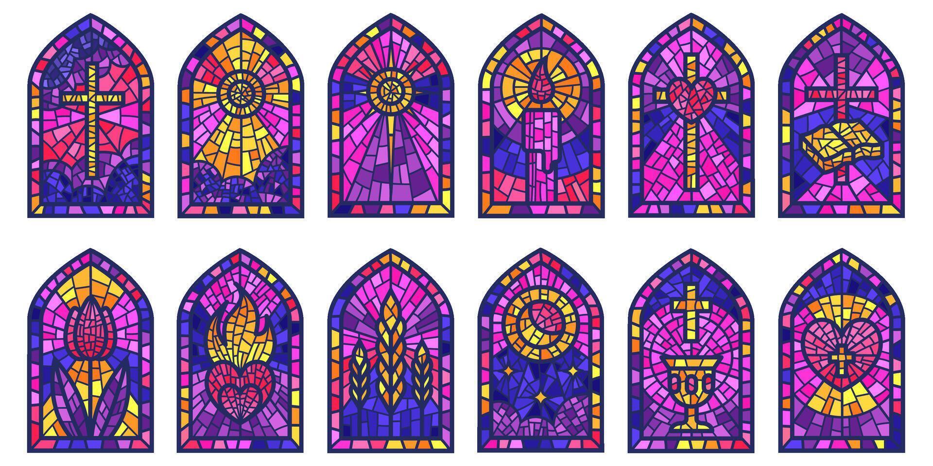 kerk glas ramen. gebrandschilderd mozaïek- Katholiek kaders met kruis, boek en religieus symbolen. reeks geïsoleerd Aan wit achtergrond vector