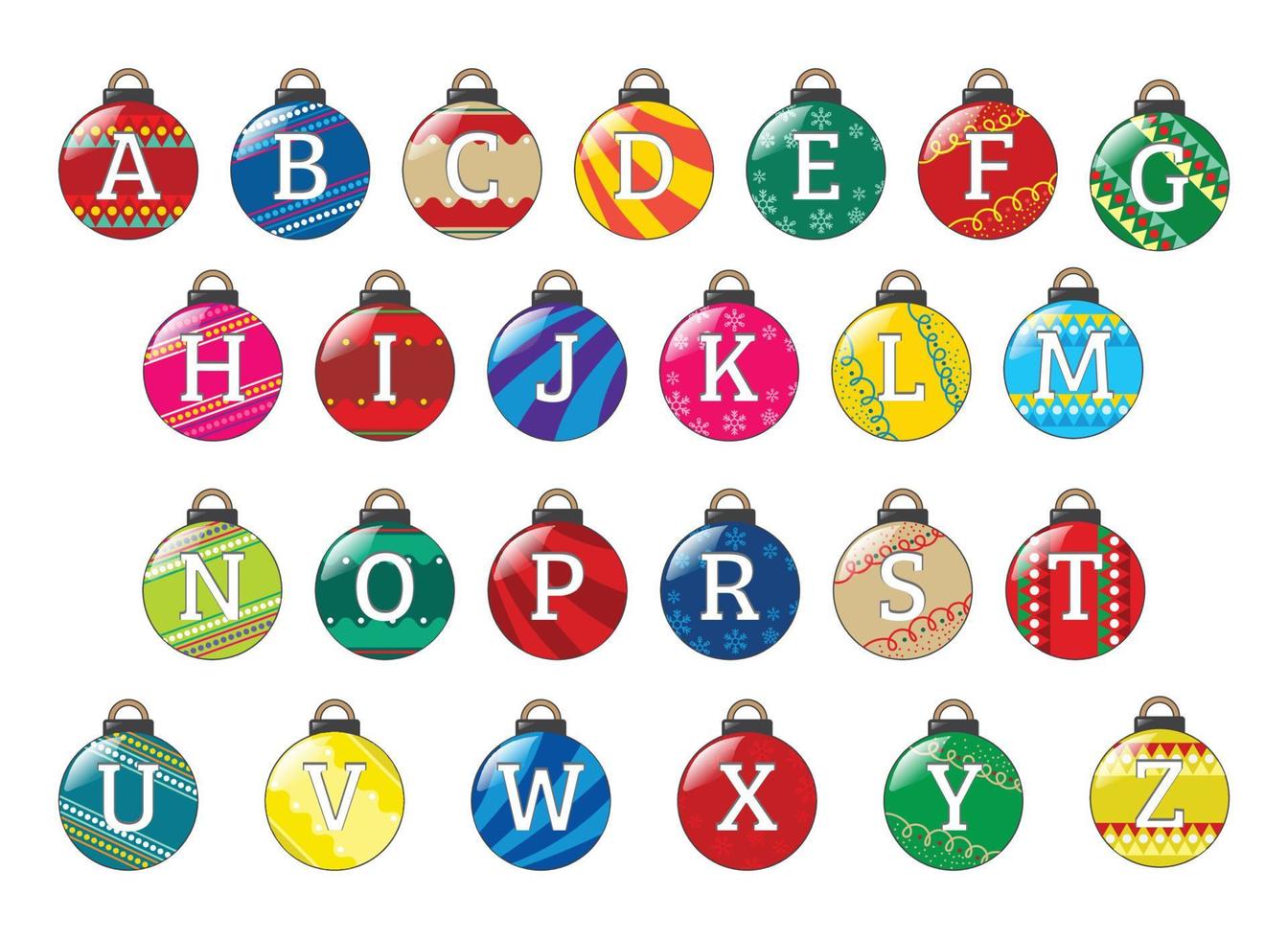 kleurrijke kerstballen decoratief patroon brieven lettertype typografie vector