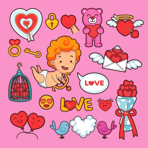 Valentijnsdag vector iconen van romantische liefdesvakanties. Harten, huwelijksgeschenken en strik, chocoladetaart, cupido en koppels zwanen en duiven, boeket rozenbloemen, kalender en diamanten ring