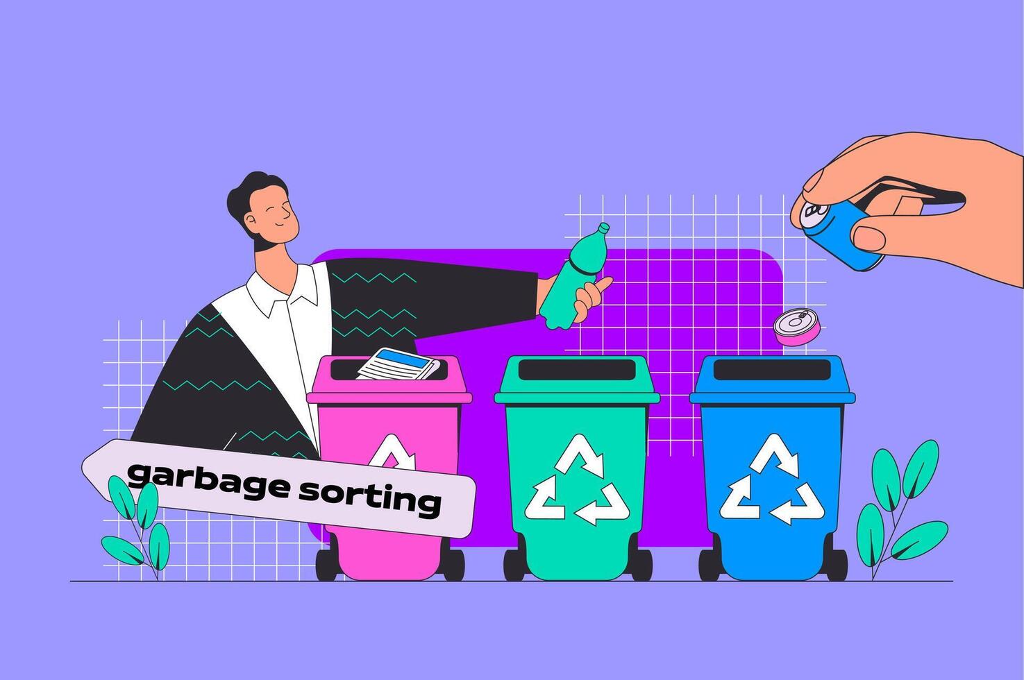 verspilling beheer concept in modern vlak ontwerp voor web. Mens verzamelen en sorteren vuilnis in verschillend uitschot bak voor recycling fabriek. illustratie voor sociaal media banier, afzet materiaal. vector