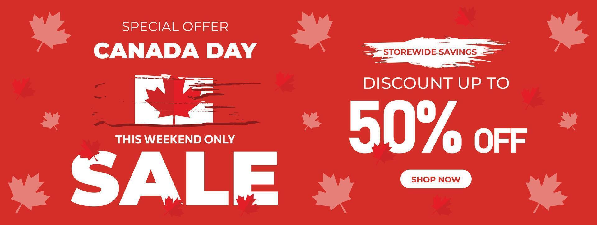 Canada dag uitverkoop web spandoek. gelukkig Canada onafhankelijkheid dag mega groot uitverkoop banier achtergrond illustratie. Canada dag weekend Promotie korting spandoek. eerste van juli vakantie speciaal aanbod sjabloon vector