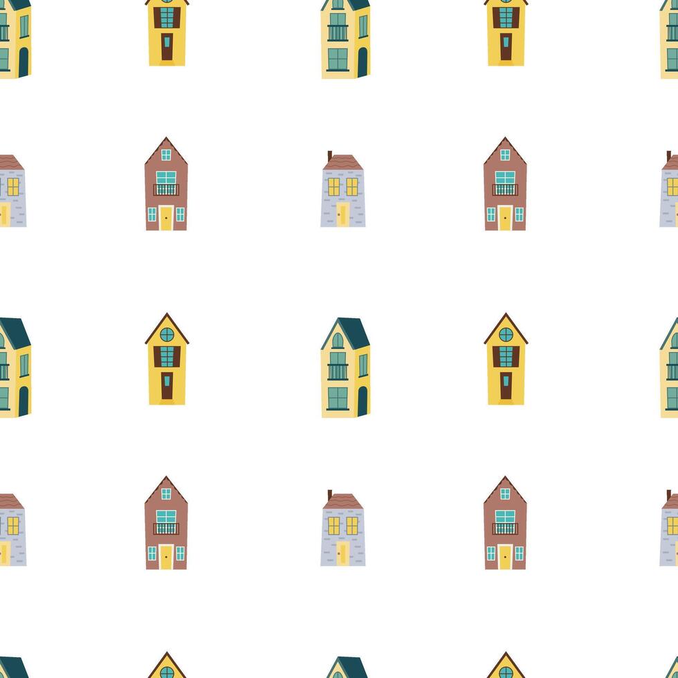 vlak stijl herenhuizen naadloos patroon. stad- huizen patroon Aan wit achtergrond vector