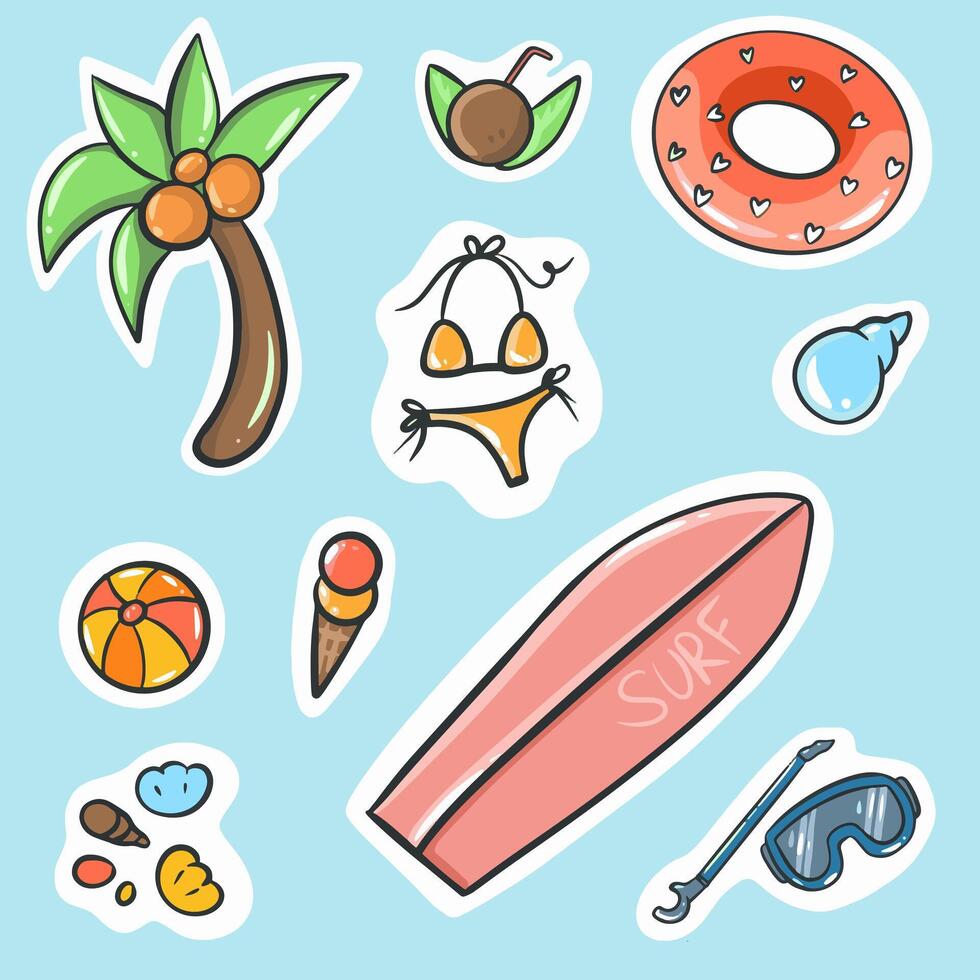 tekenfilm zomer elementen set, zomertijd medeplichtig stickers vector