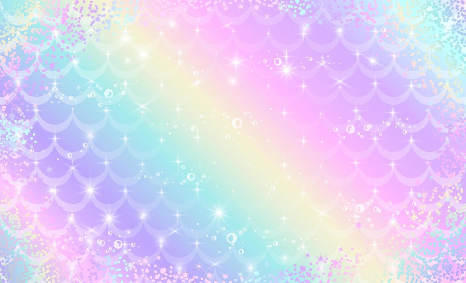 zeemeermin regenboog schalen. fantasie holografische achtergrond in fonkelende sterren en bubbels voor design. vector