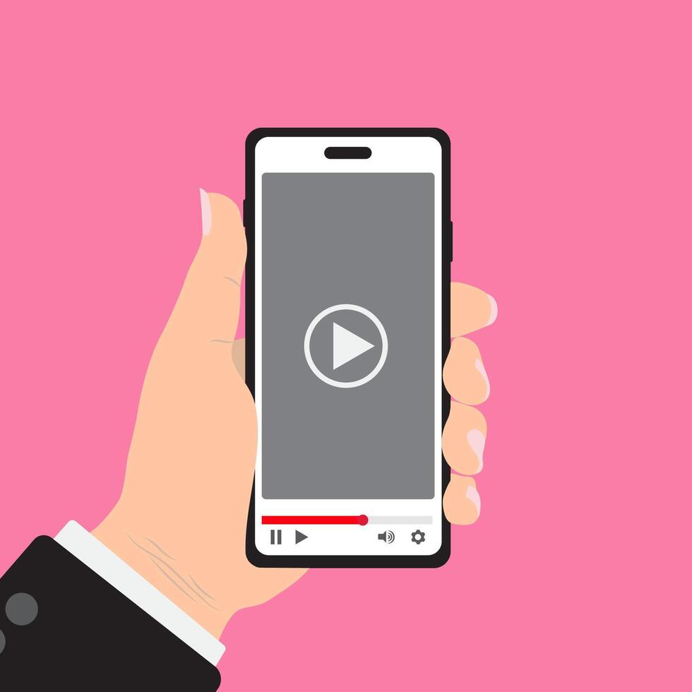 vlak ontwerp stijl menselijk hand- Holding smartphone met online media speler app Aan scherm , ontwerp element illustratie isoleren Aan roze achtergrond. vector