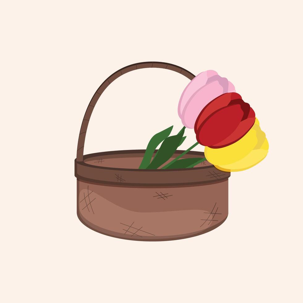 illustratie van een bruin rieten mand met drie tulpen. vector