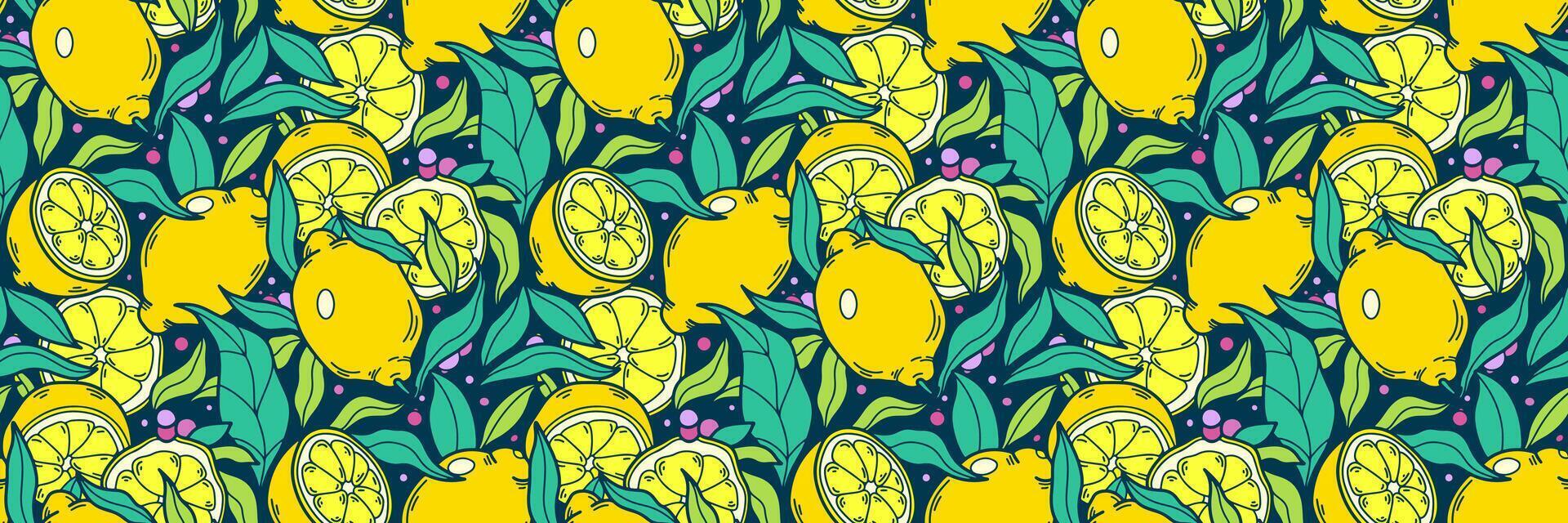 zomer citroen naadloos patroon. tropisch fruit en citrus boom in hand- getrokken stijl. weelderig geel zomer bloemen achtergrond. voor behang of kleding stof, verpakking, merk. tekening illustratie. vector