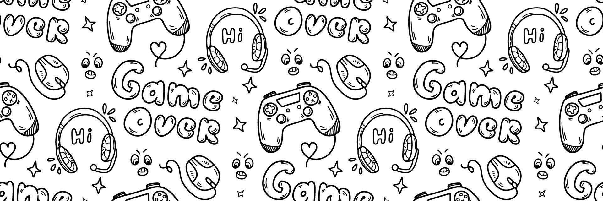 spel over- patroon. hand- getrokken tekening gamepad, koptelefoon. spellen, stroom kanaal achtergrond. spellen en stroom kanaal achtergrond. apparaatje pictogrammen gaming afdrukken voor jongens en meisjes. illustratie vector