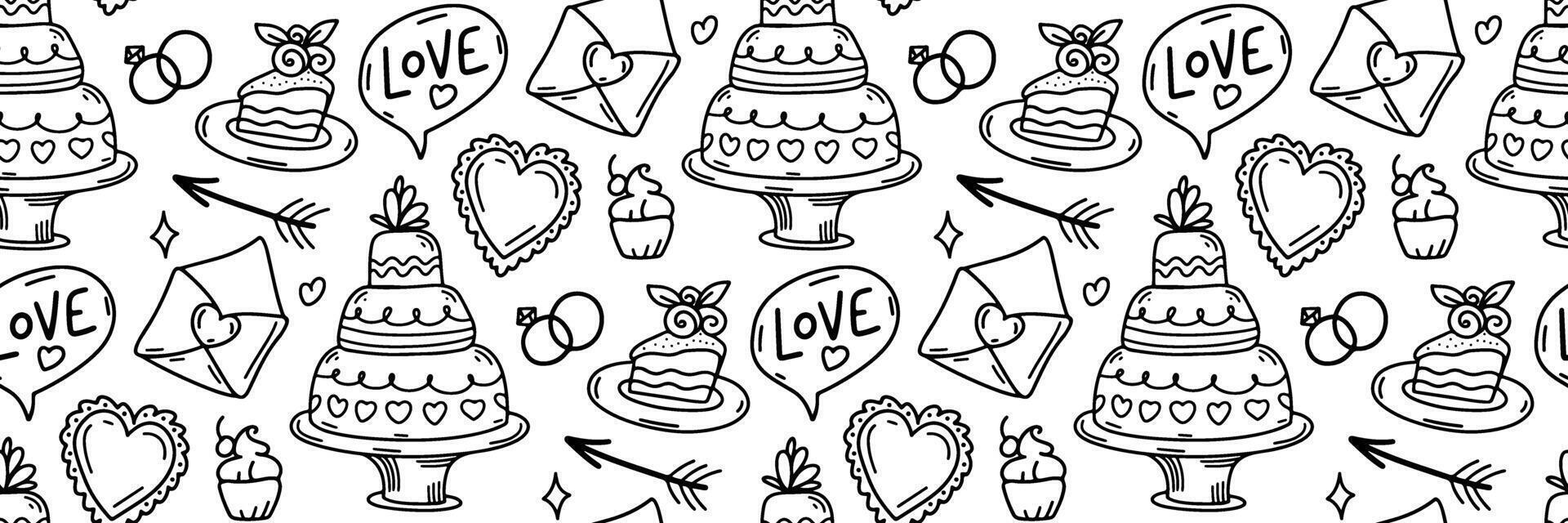 bruiloft tekening patroon. feestelijk schets achtergrond. bubbels opschrift liefde, bruiloft taart en gebakjes, harten, pijl. voor uitnodiging kaarten, omhulsel papier, behang of kleding stof. illustratie. vector