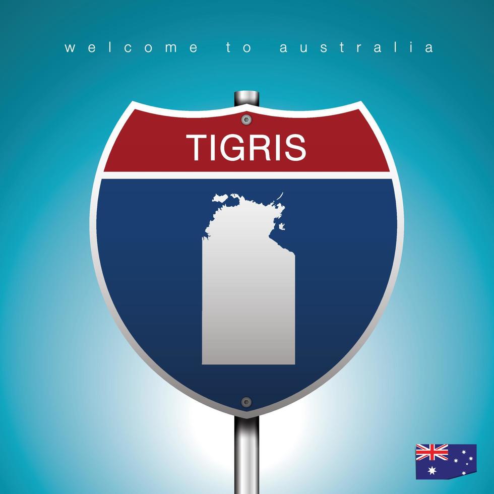 een teken weg amerika stijl met staat australië met groene turkooizen achtergrond en bericht, tigris en kaart, vector kunst afbeelding illustratie