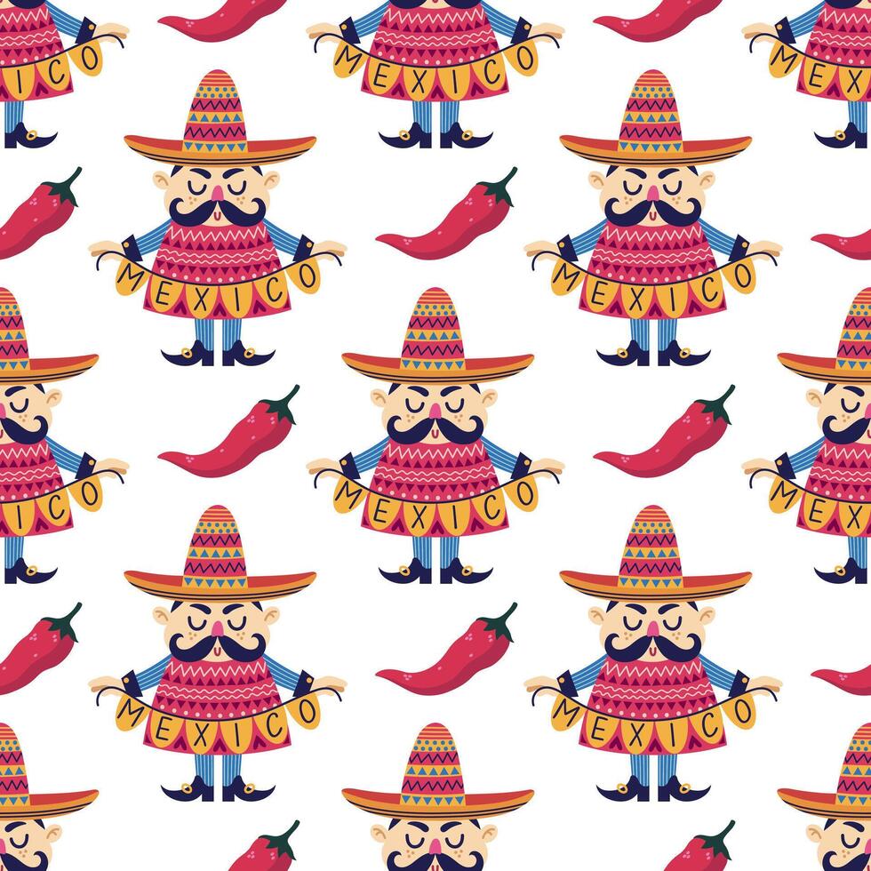 Mexico naadloos patroon. een grappig Mens met een snor, in een sombrero en poncho houdt een guirlande. heet jalapeno peper, nationaal voedsel. vieren cinco de mayonaise, carnaval. tekenfilm achtergrond vector