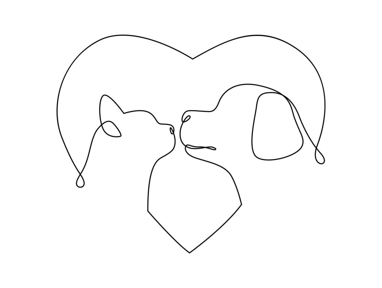 doorlopend lijn tekening hoofd van kat en hond met een hart. single lineair decoratief logo, huisdier winkel of dierenarts ontwerp. bewerkbare beroerte illustratie. vector