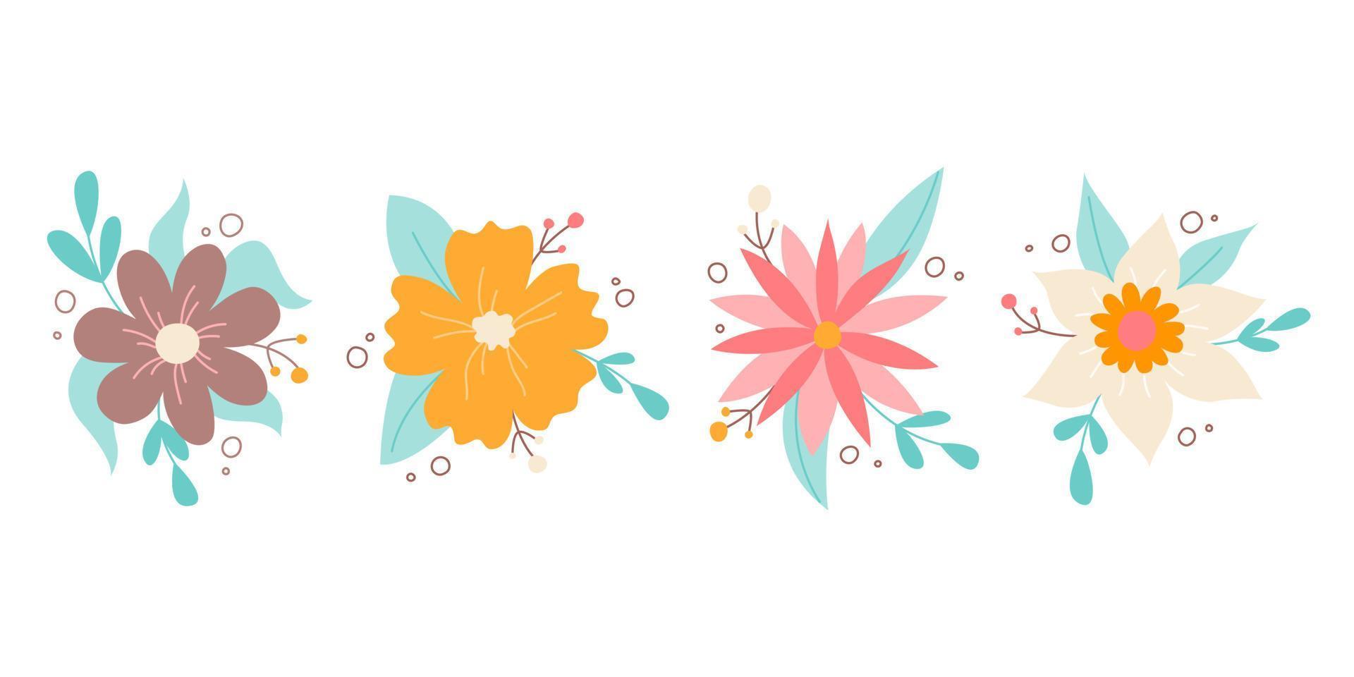 set van prachtige bloemen van verschillende kleuren met decoratieve plantelementen. vector afbeelding in vlakke stijl. bloemendecor voor uitnodigingen, ansichtkaarten, stickers