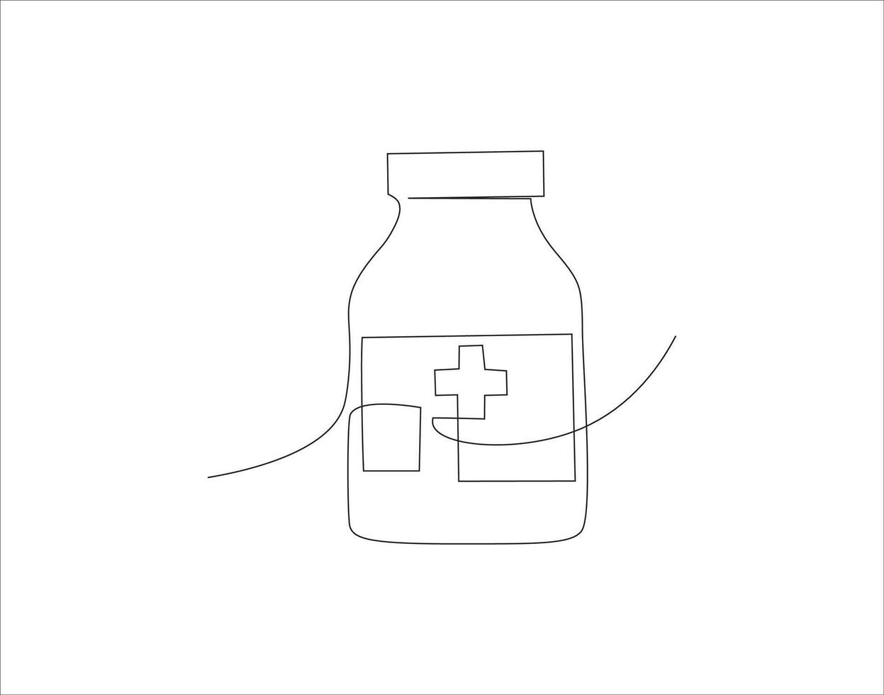 doorlopend lijn tekening van geneeskunde fles. een lijn van pot van pillen. geneeskunde reeks doorlopend lijn kunst. bewerkbare schets. vector
