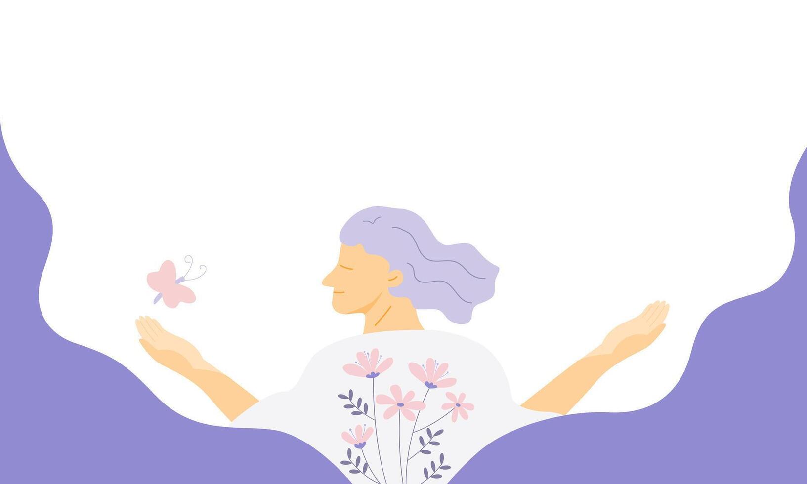 mentaal Gezondheid achtergrond voor banier, vrouw glimlachen en gelukkig emotie met bloemen en vlinder. vlak illustratie spandoek. vector