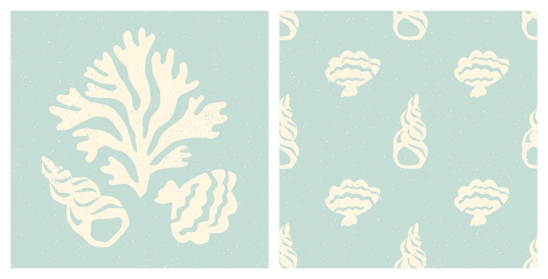koraal en schelpen naadloos patroon. onderwater- zee schelpen pastel blauw getextureerde wijnoogst zomer vakantie afdrukken, achtergrond. vector