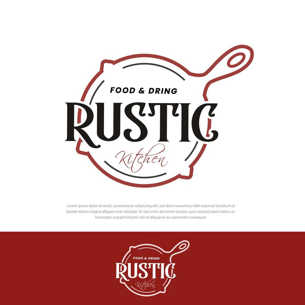 vintage retro rustiek, gietijzeren koekenpan voor voedselgerechten, klassieke restaurantkeuken, traditioneel eten, restaurantvoedsel, logo vectorillustratie vector