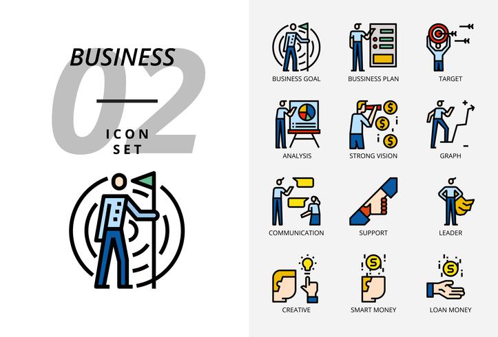 Icon pack voor business en strategie, bedrijfsdoelstelling, bedrijfsplan, doelwit, analist, sterke visie, grafiek, communicatie, ondersteuning, leider, creatief, slim geld, leninggeld. vector