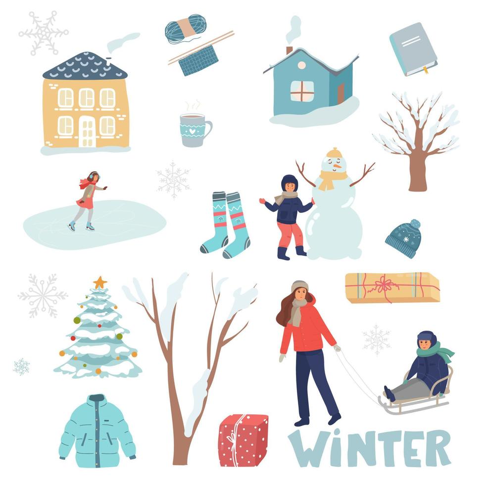 vector set vakantie iconen huis, meisje beeldhouwt, sneeuwpop, moeder rolt haar zoon op peuter slee, rust met kinderen, meisje schaatsen, boom, sokken geschenken, hoed, beker, breien. winter collectie. plat geïsoleerd