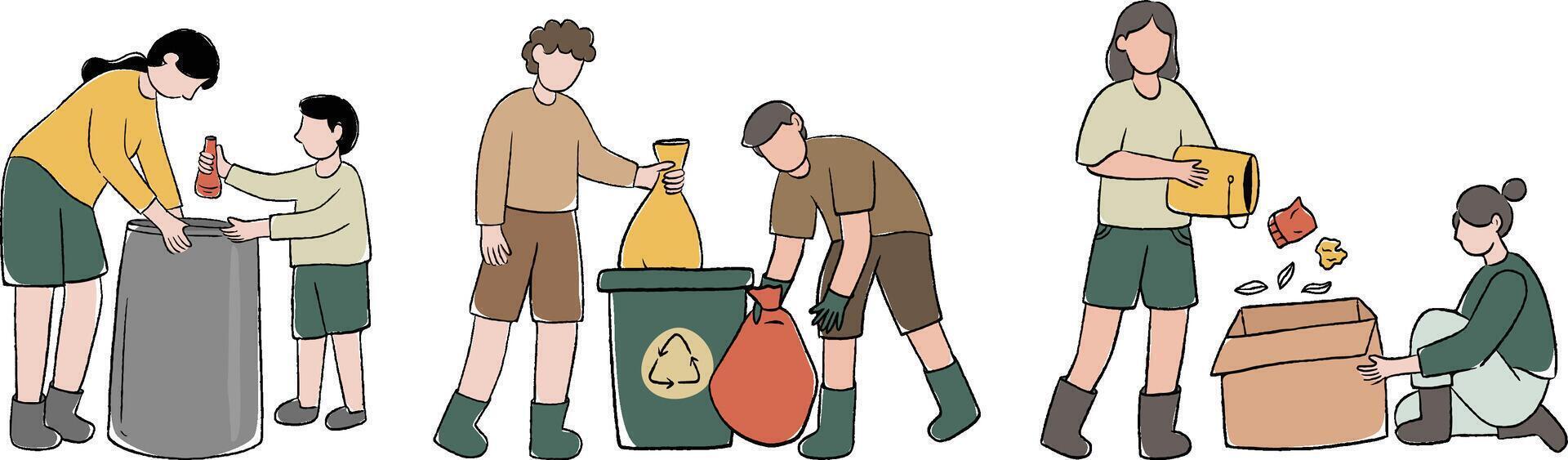 jong mensen in recycle Gaan groen werkzaamheid reeks illustratie vector